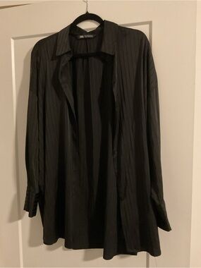 Zara Black Pinstripe Longline Button-Up Blouse
